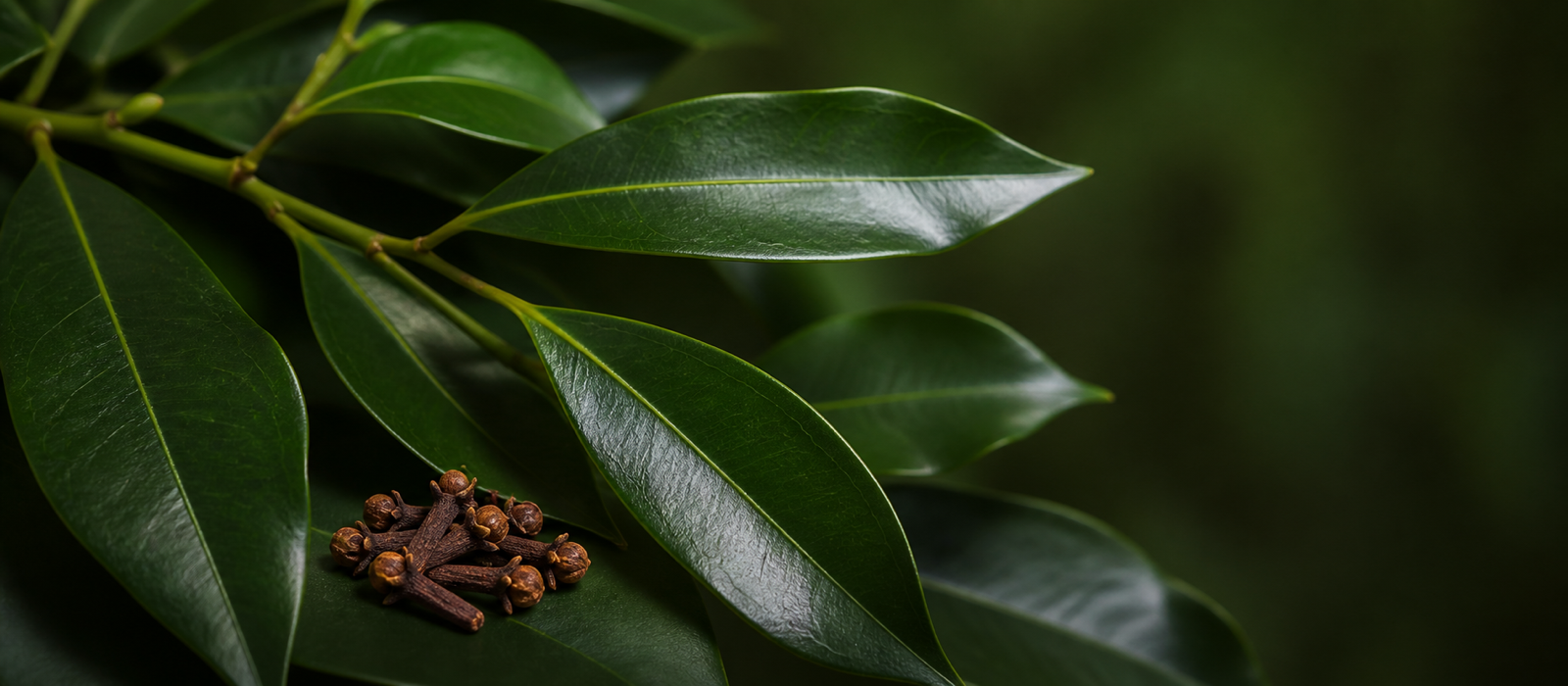 Glossy clove leaves and dried cloves in soft directional light