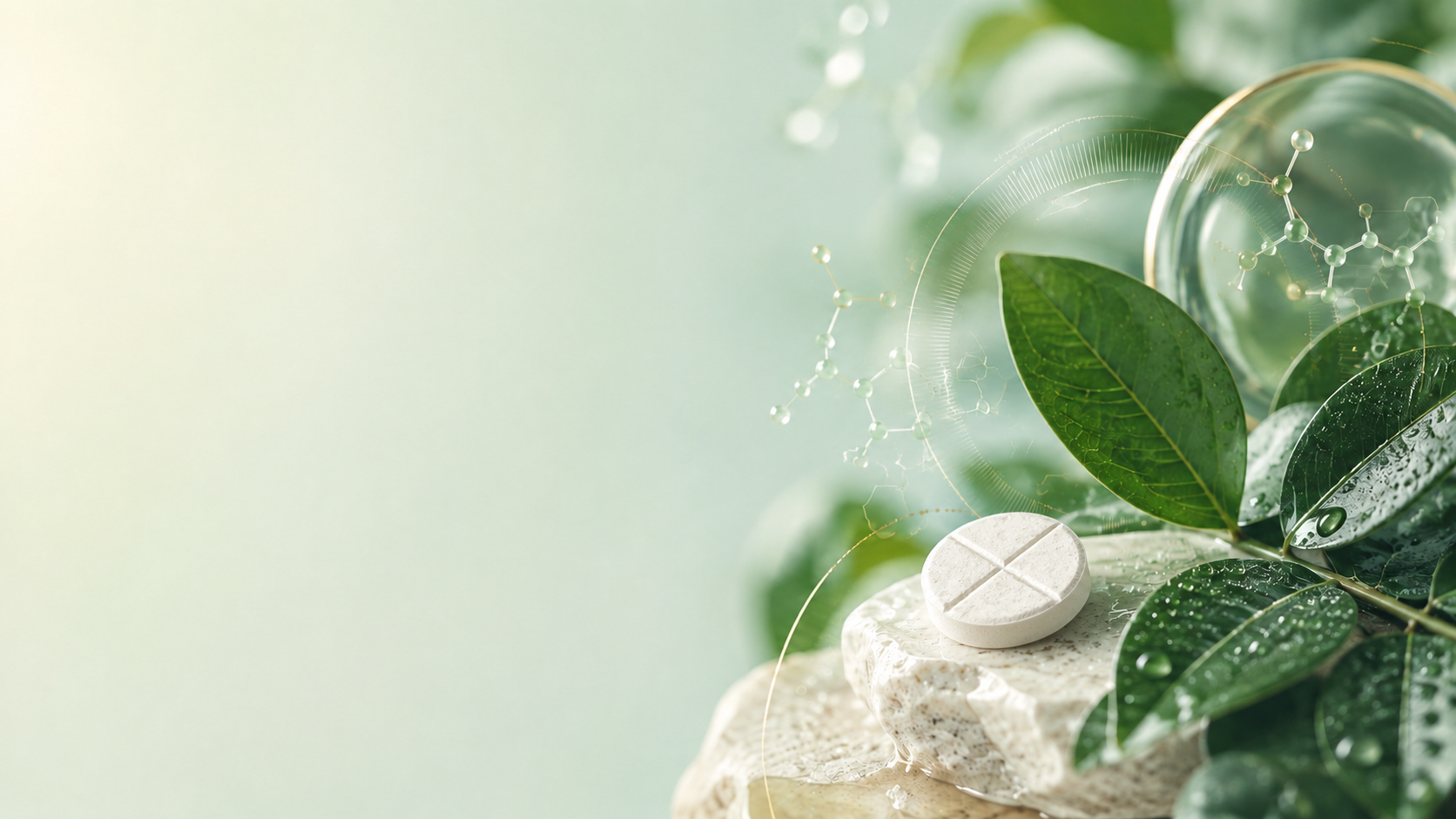 White oral-dissolve tablet among botanical leaves and scientific elements