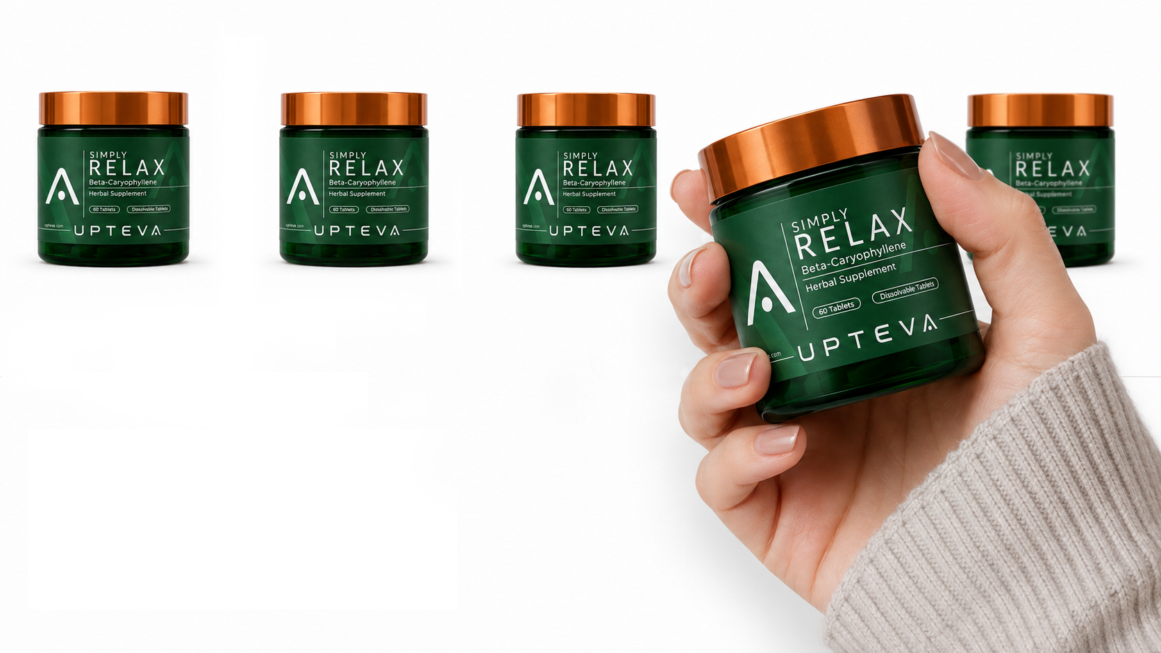 A monthly sequence of UPTEVA Simply Relax containers with one container held in hand